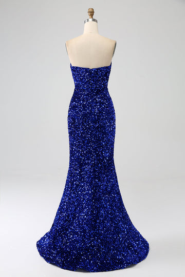 Blu Reale Sirena senza spalline paillettes abito lungo da ballo con fessura